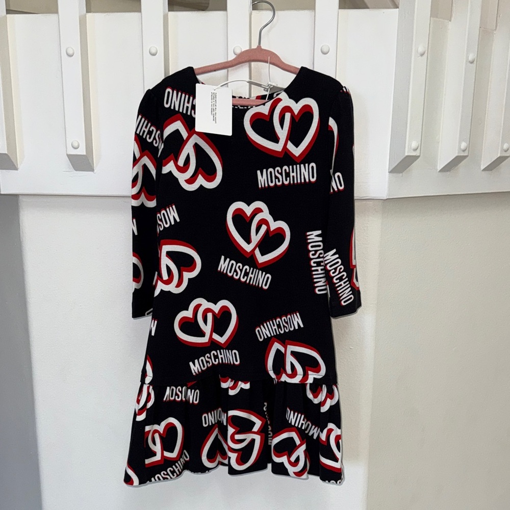 Moschino Kids Black Dress with Red and White Heart Motif
